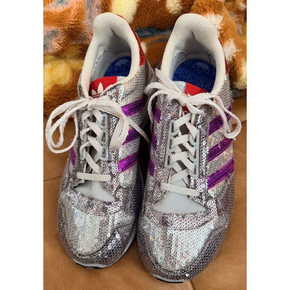 ADIDAS ORIGINALS ZX 500 Sparkle Sequin Glam Trainers Gray/Purple Stripe Size 6.5